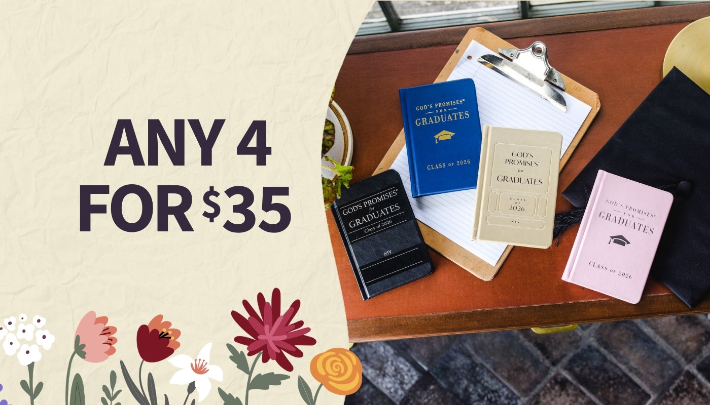 Collection of graduation memorabilia on a table with promotional text 'Any 4 for $35'.