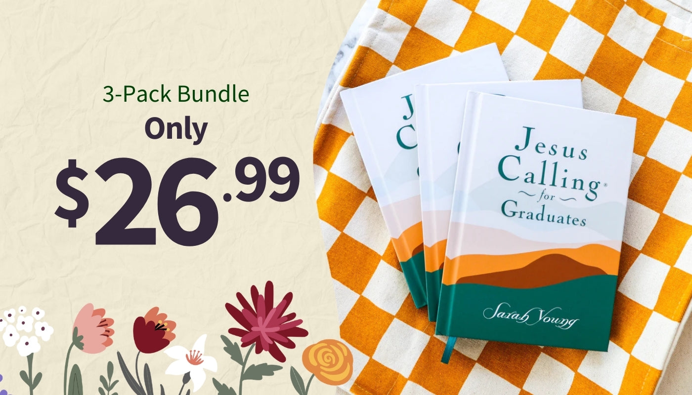 Book titled 'Jesus Calling for Graduates' in a 3-pack bundle with a price tag on a checkered fabric background.