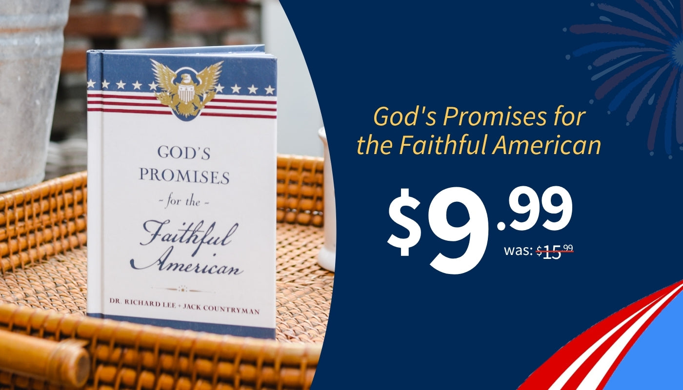 Book titled 'God's Promises for the Faithful American' with a price tag on a blue background with the copy $9.99 was $15.99