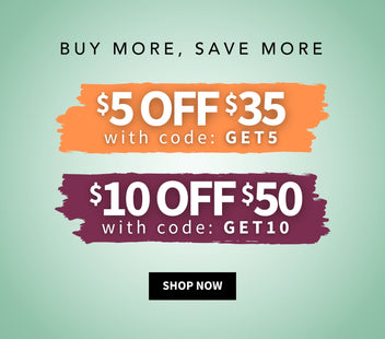 Promotional banner with discount offers and codes on a light green background. Buy More, Save More - $5 off $35 with code: GET5 - $10 off $50 with code: GET10
