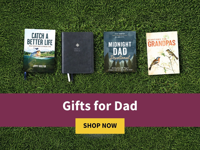 Four books on grass with a 'Gifts for Dad' banner at the bottom. Shop Now