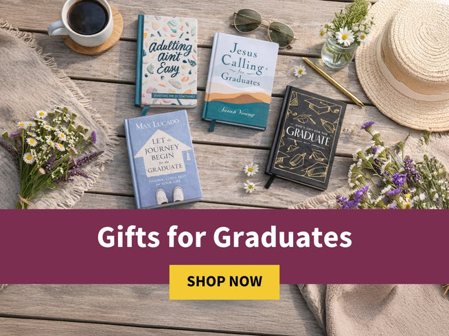 Gifts for graduates including books and a coffee cup on a wooden surface with flowers. Gifts for Graduates - Shop Now