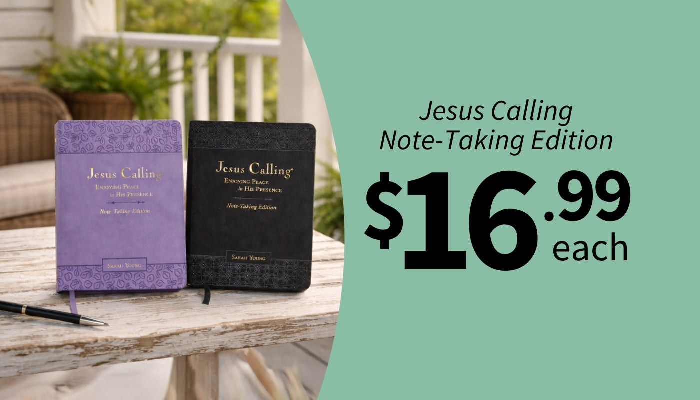 Two 'Jesus Calling' note-taking editions on a table with promotional text $16.99 each