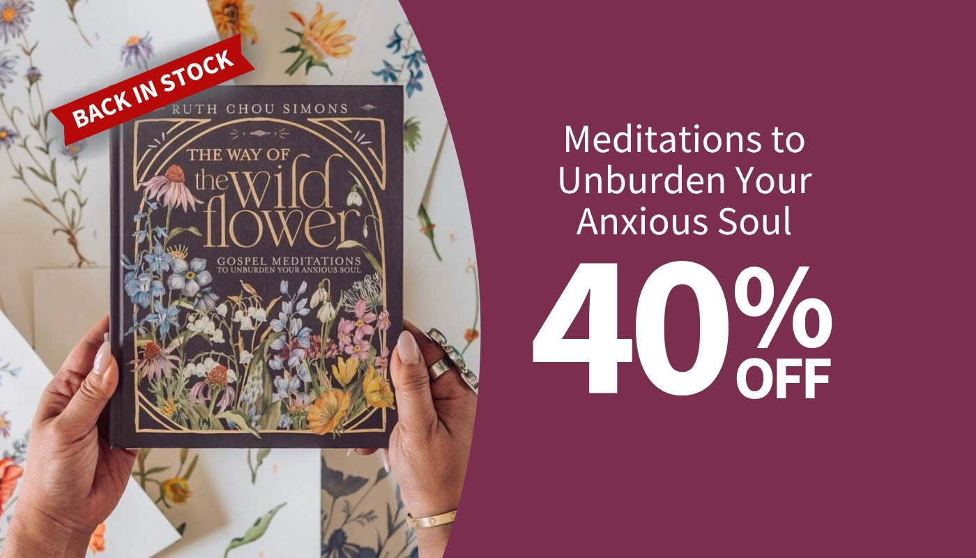 Book titled 'The Way of the Wild Flower' held by a person with promotional text on a purple background. Back in Stock - Meditations to Unburden Your Anxious Soul 40% off