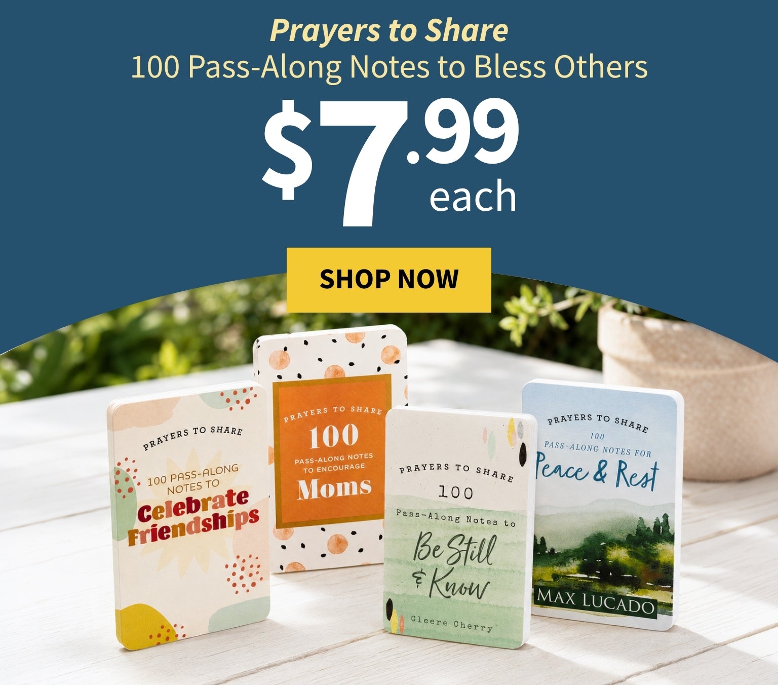 Set of prayer cards with colorful covers on a white surface, promotional text for $7.99 each.