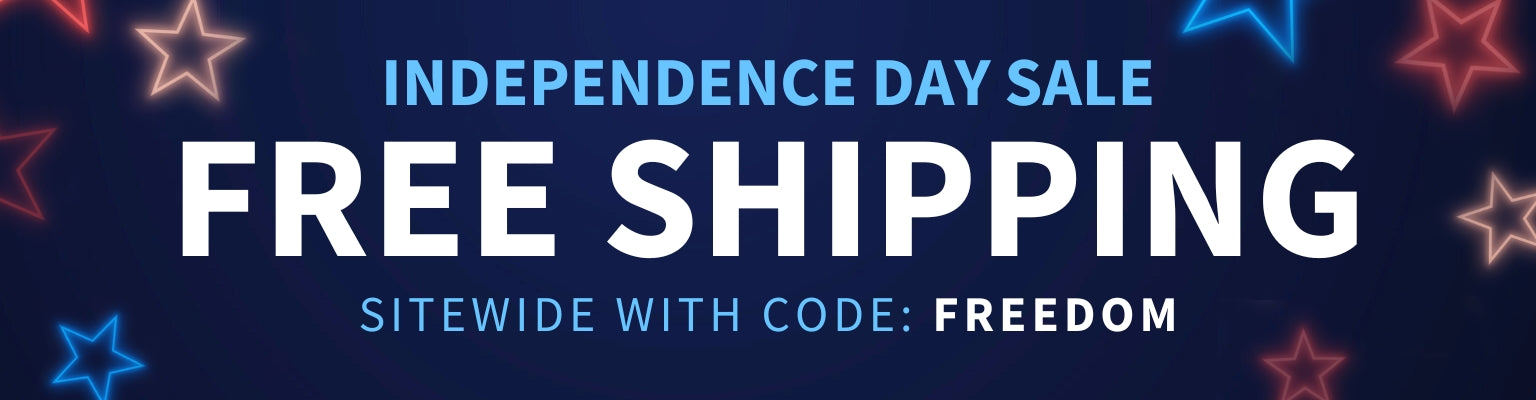 Independence Day Sale banner with red and blue stars announcing free shipping sitewide with code FREEDOM