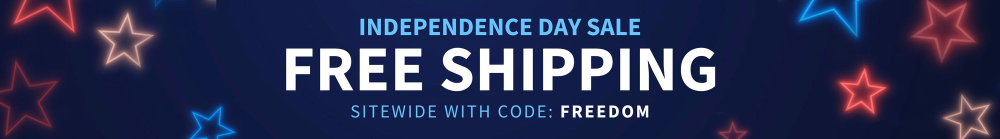 Independence Day Sale banner with red and blue stars announcing free shipping sitewide with code FREEDOM