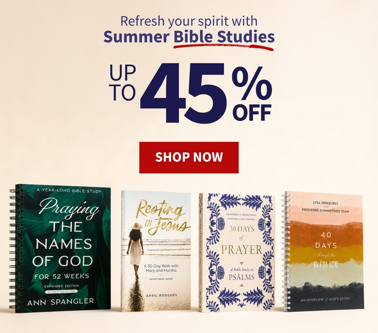 Promotional banner for Summer Bible Studies with book covers and discount offer with the copy Refresh your spirit with Summer Bible Studies up to 45% off - Shop Now