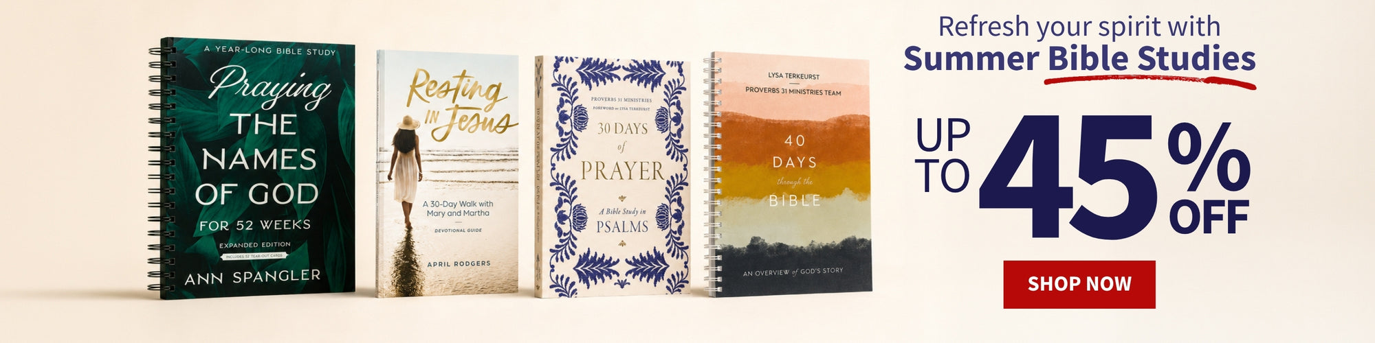 Promotional banner for Summer Bible Studies with book covers and discount offer with the copy Refresh your spirit with Summer Bible Studies up to 45% off - Shop Now