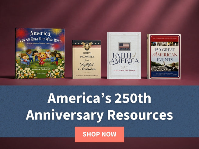 Four books on a red and blue gradient background with promotional text for America's 250th Anniversary Resources.