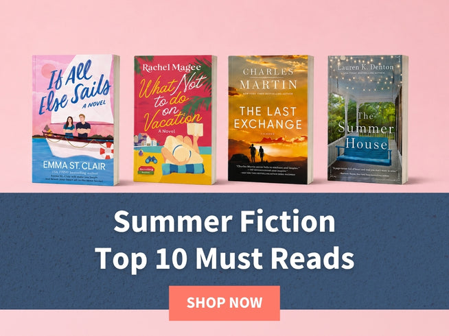 Four book covers on a pink and blue gradient background with text 'Summer Fiction Top 10 Must Reads' and 'Shop Now' button.