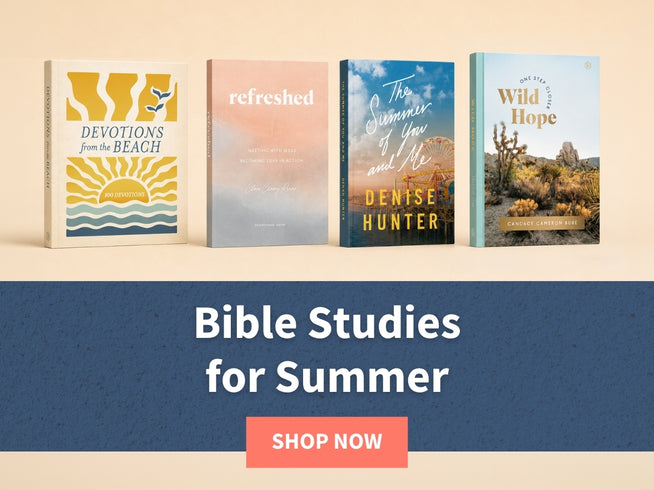Four books on a beige background with promotional text for Bible Studies for Summer.