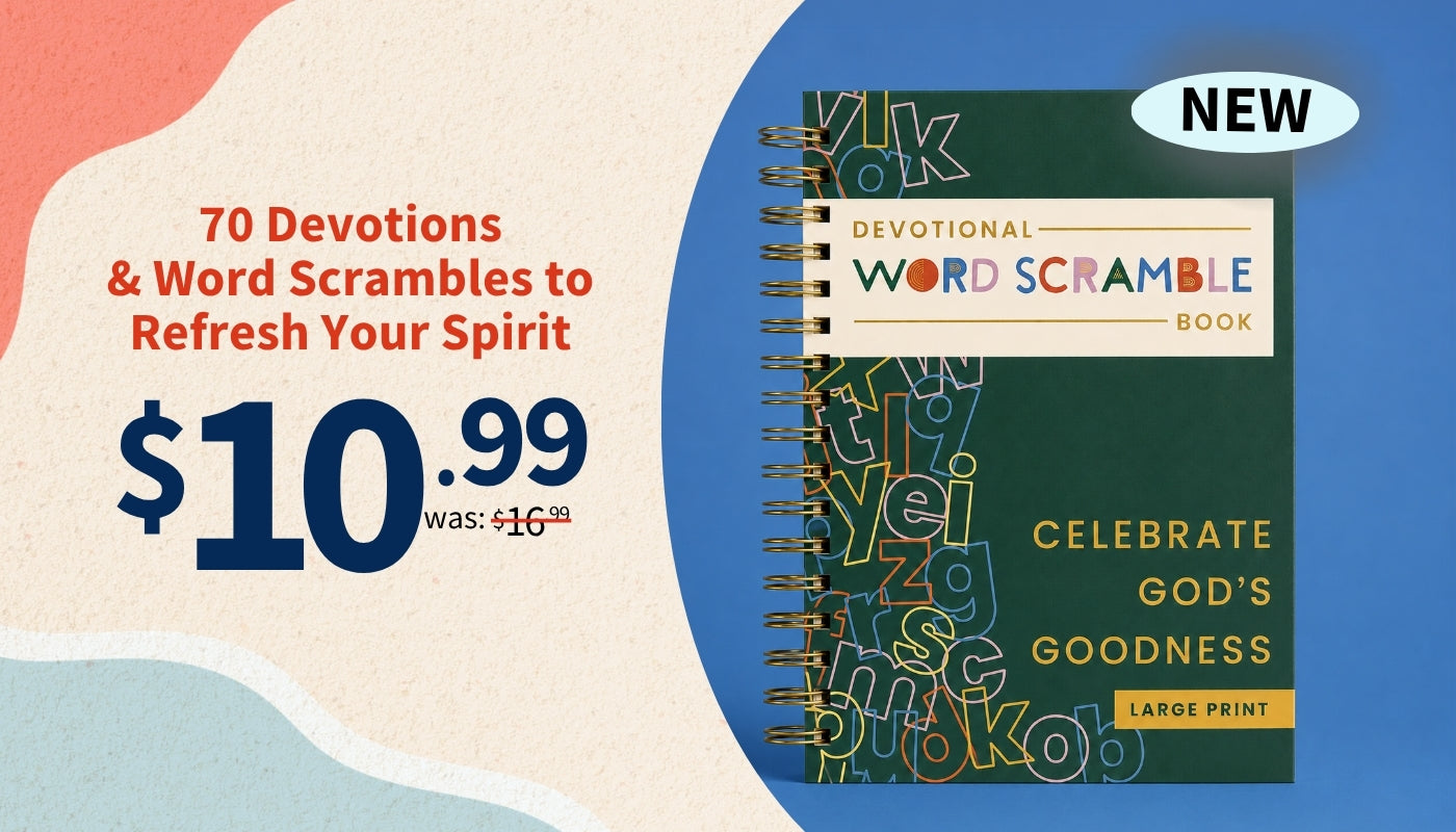 Devotional word scramble book with promotional text on a colorful background with the copy 70 Devotions & Word Scrambles to Refresh Your Spirit - $10.99
