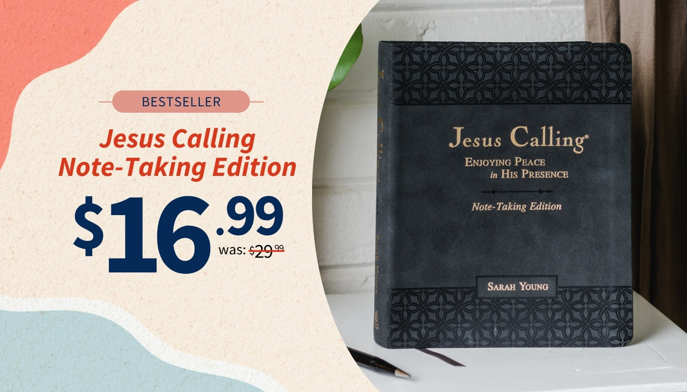 Black notebook titled 'Jesus Calling' on a white surface with promotional text overlay.