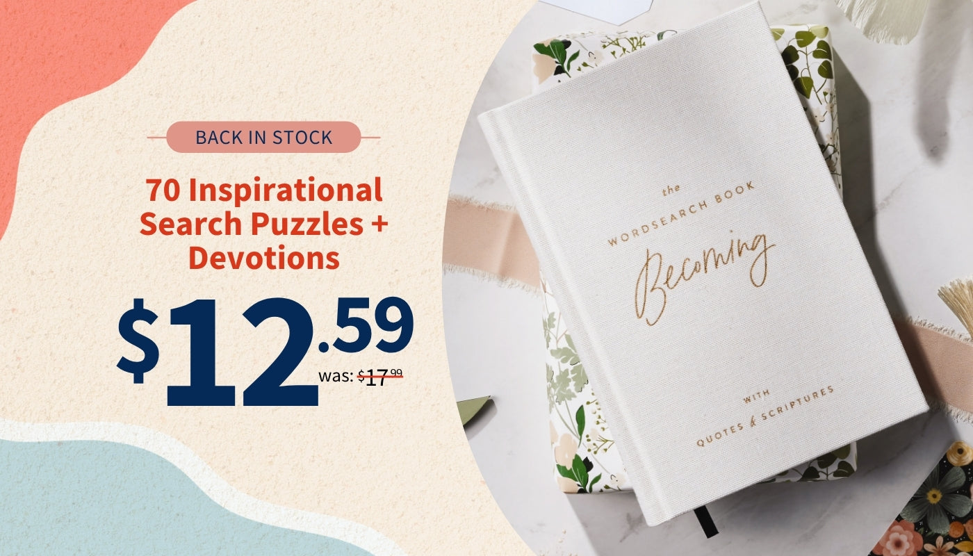 Book titled 'The Becoming Wordsearch Book' with promotional text about inspirational search puzzles and devotions on a colorful background.