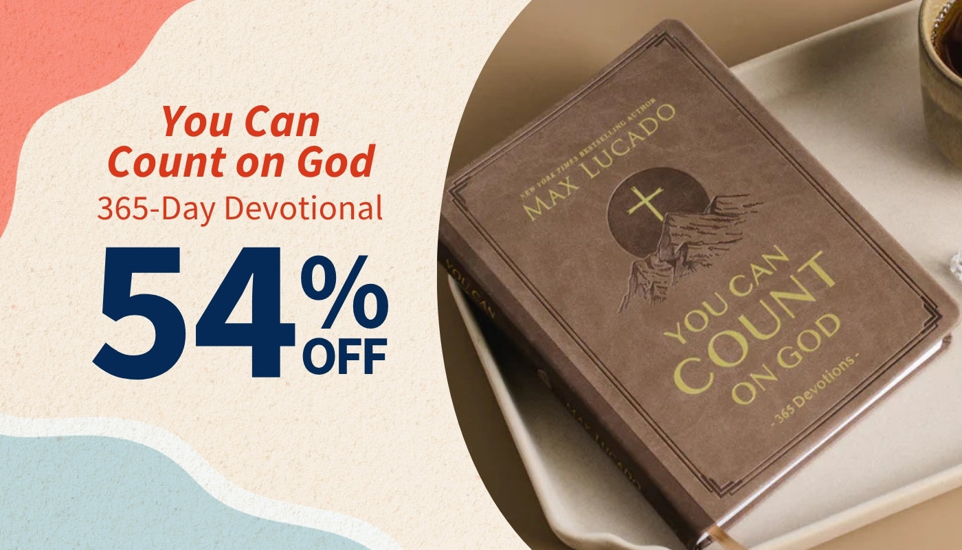 Brown devotional book titled 'You Can Count on God' by Max Lucado with promotional text on a colorful background.