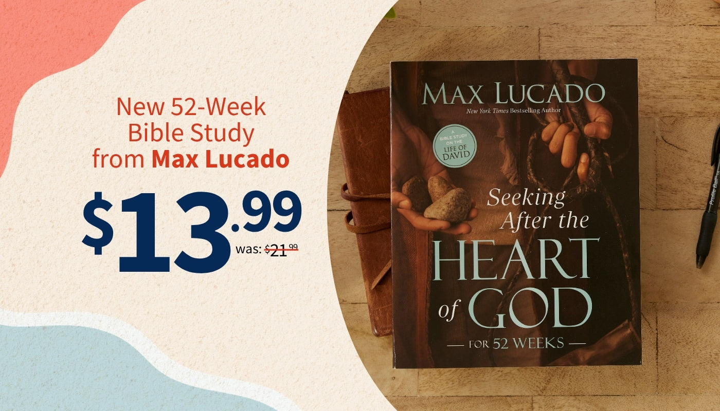 Book titled 'Seeking After the Heart of God' by Max Lucado with promotional text on a wooden surface.