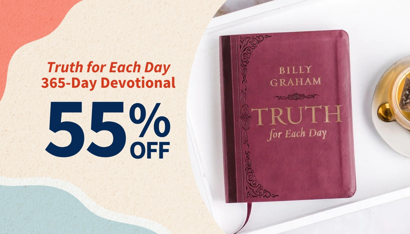 Promotional image of 'Truth for Each Day' devotional book with discount text on a colorful background.
