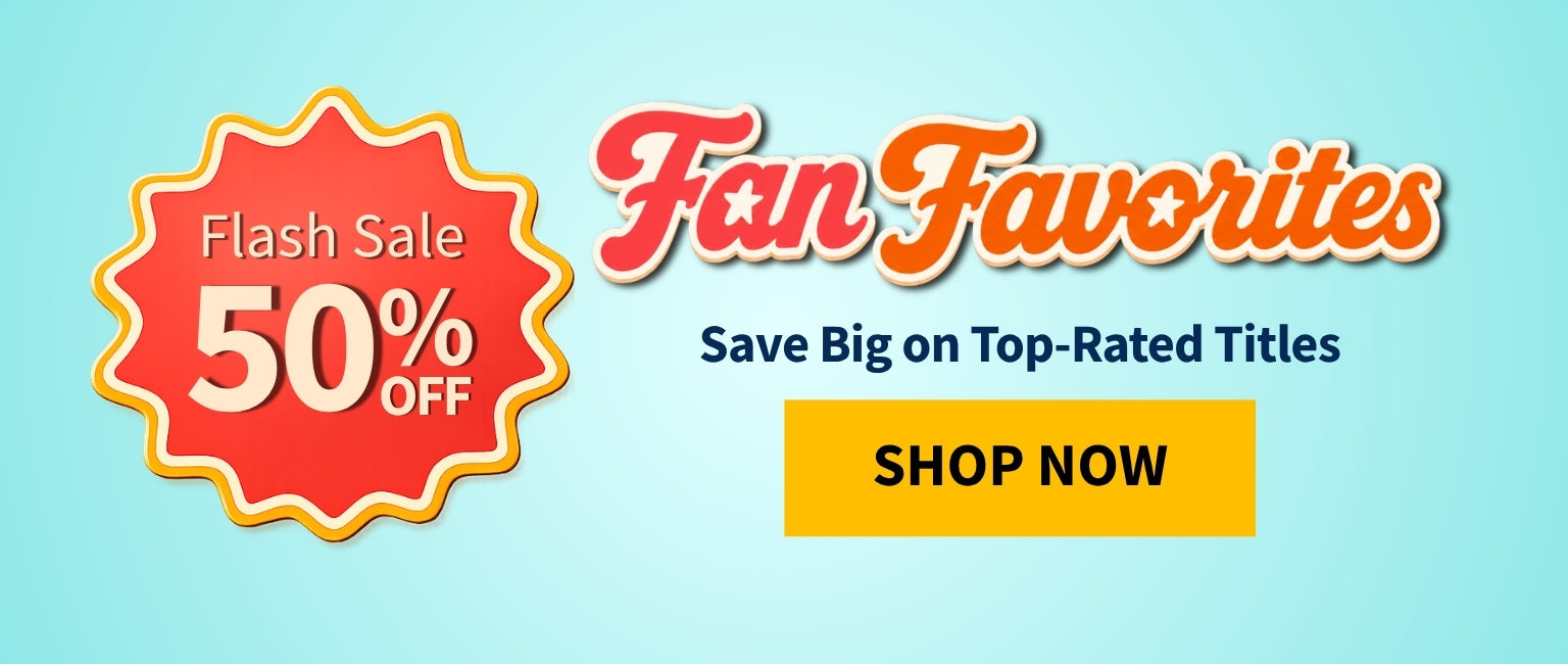 Promotional banner for 'Fan Favorites' with 50% off flash sale on a light blue background.