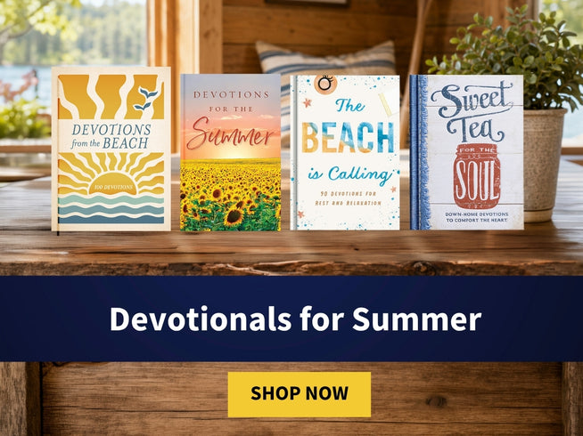 Four devotionals on a wooden surface with a 'Shop Now' button below.