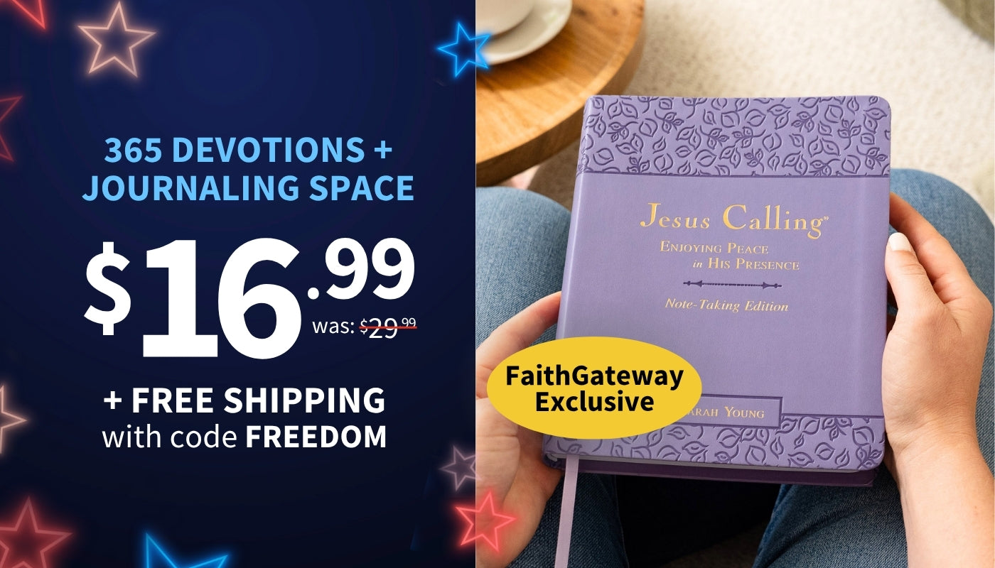 Purple devotional book held by a person with promotional text on a blue background