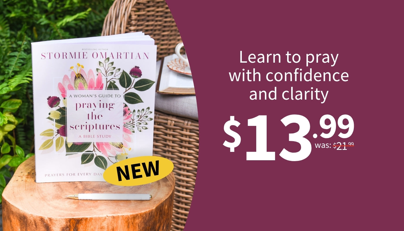 Book cover for 'Praying the Scriptures' by Stormie Onartian, styled on a wooden stump next to a wicker basket with green foliage in the background. The right side features a dark purple promotional banner with text reading 'Learn to pray with confidence and clarity' and the price '$13.