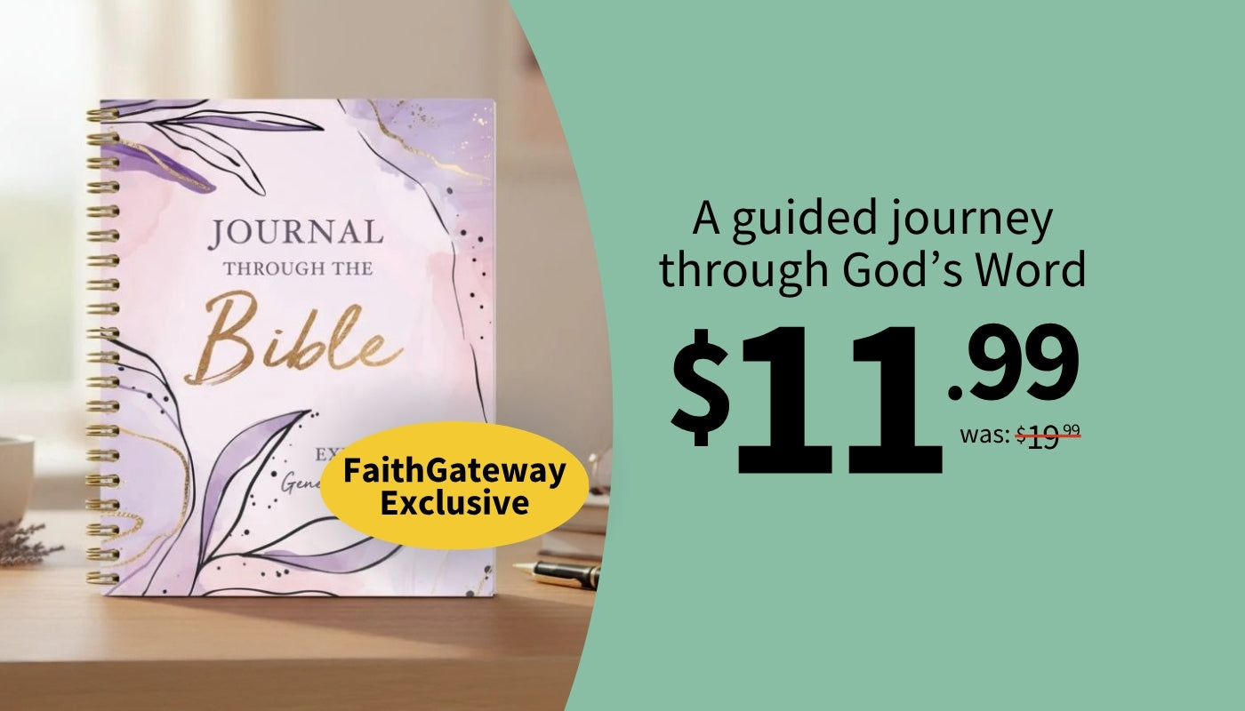 A spiral-bound journal titled 'Journal Through the Bible' with floral artwork on the cover, shown beside promotional text on a mint green background. A yellow badge reads 'FaithGateway Exclusive' and the price is $11.