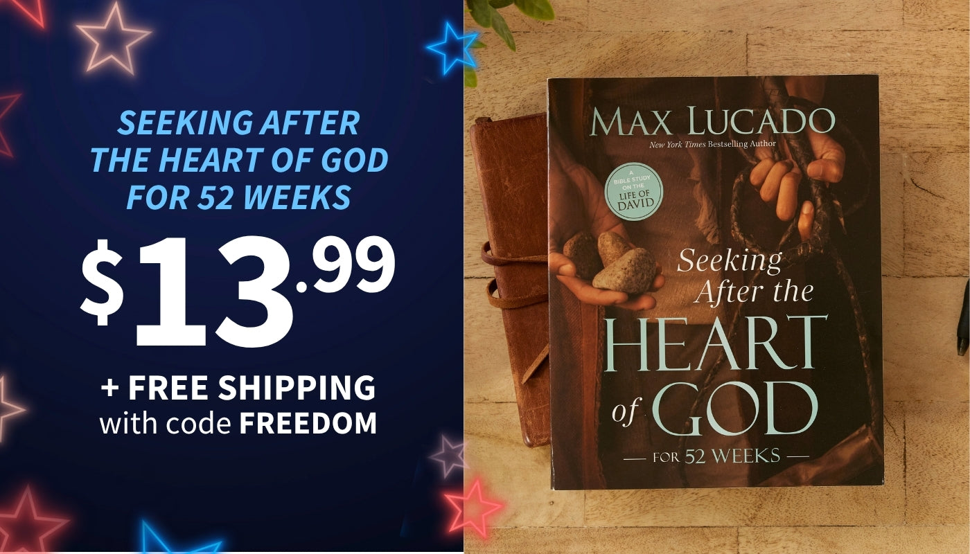 Book titled 'Seeking After the Heart of God' by Max Lucado on a wooden surface with promotional text on a blue background.