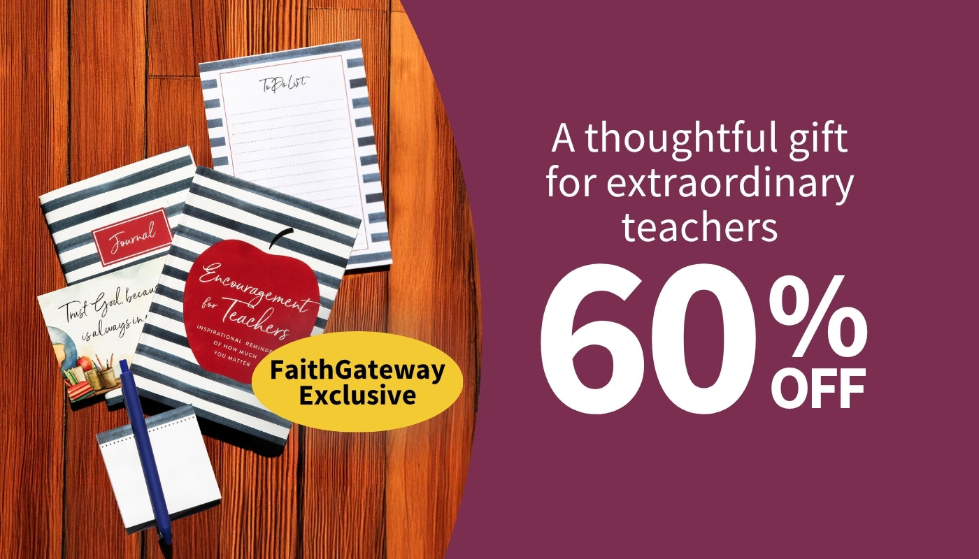 A promotional graphic showing a set of teacher-themed stationery items on a wooden surface next to large sale text reading 'A thoughtful gift for extraordinary teachers 60% OFF' on a purple background. The stationery includes striped notepad pages, a red apple-shaped card, and a yellow 'FaithGateway Exclusive' badge.