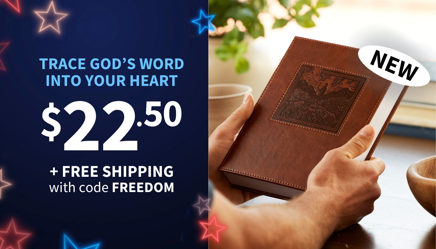 Promotional image of a leather-bound book with text about tracing God's word and a discount offer.