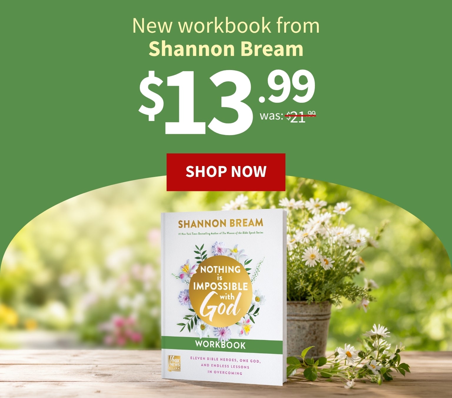 Promotional graphic for the workbook 'Nothing is Impossible God' by Shannon Bream. The image features a green background with text advertising a price of $13.
