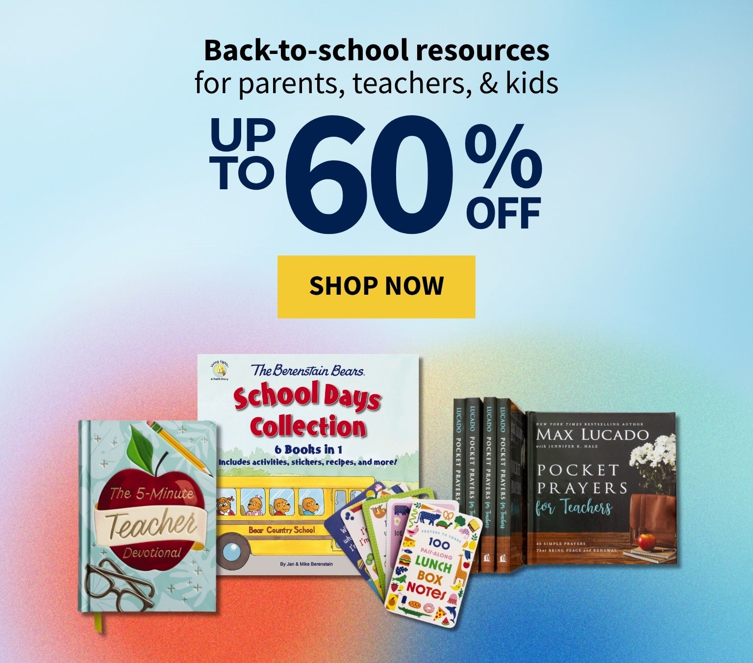 Promotional graphic for back-to-school resources with large text reading 'Back-to-school resources for parents, teachers, & kids' and 'UP TO 60% OFF,' plus a yellow 'SHOP NOW' button. Several books and small educational items are shown at the bottom against a soft blue-to-pink gradient background.