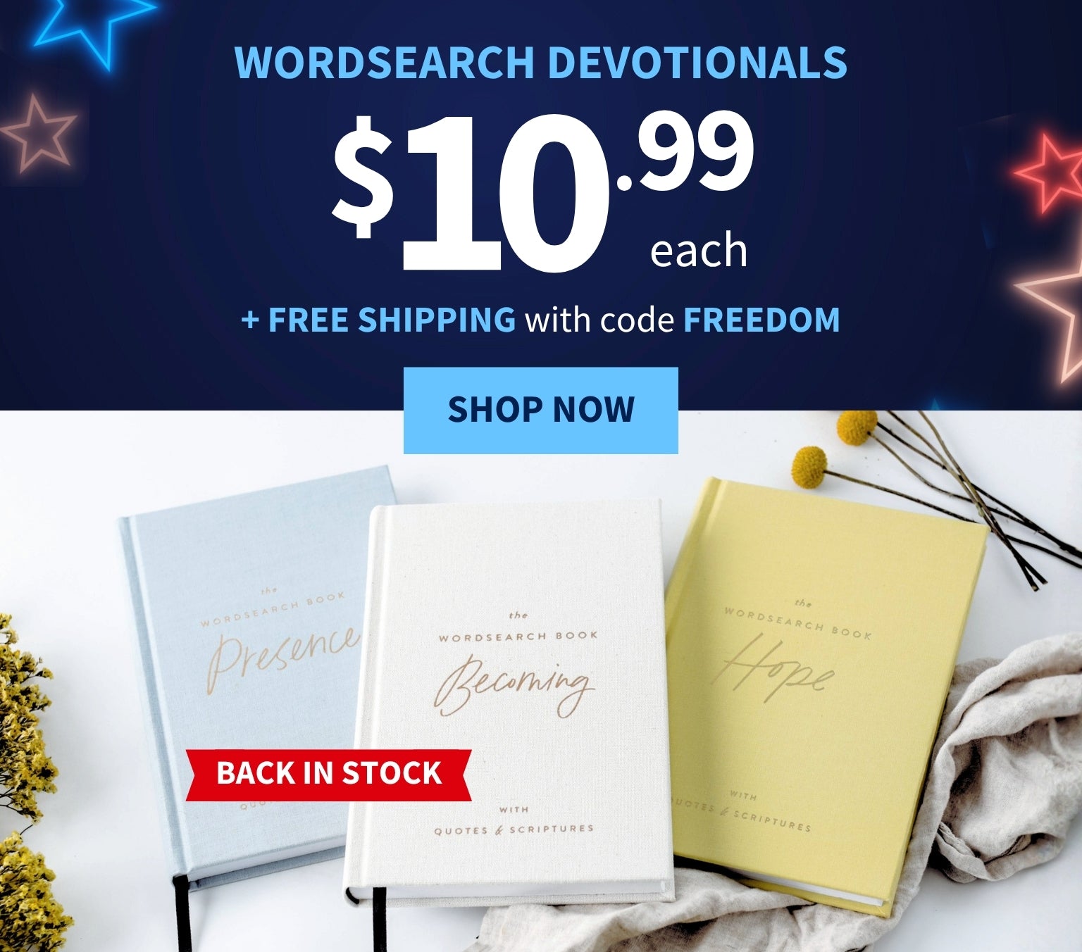 Promotional banner for Wordsearch Devotionals with pricing and free shipping offer. Back in Stock - $10.99 each + Free Shipping with code FREEDOM - Shop Now