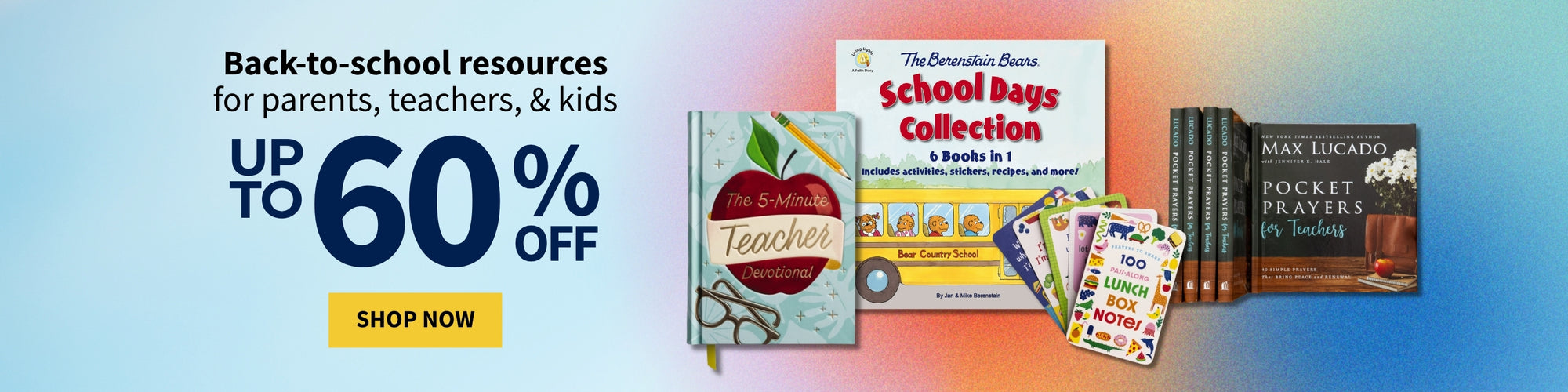 Promotional banner for back-to-school resources with large text reading 'Back-to-school resources for parents, teachers, & kids UP TO 60% OFF' and a yellow 'SHOP NOW' button. Several books and small educational items are shown on the right, including a red apple-themed book, a school bags collection book, and other lesson/activity books, against a blue-to-orange gradient background.
