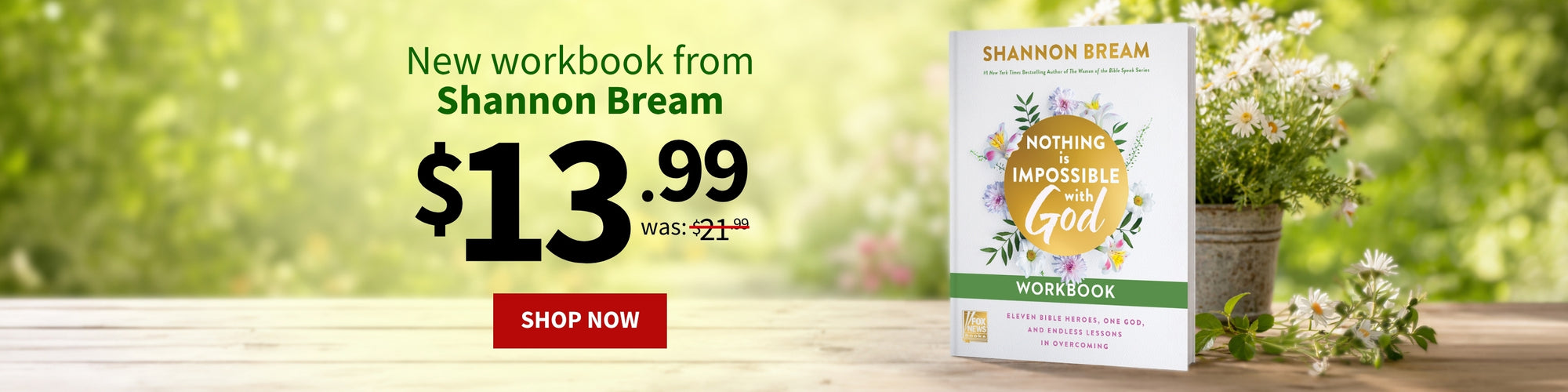 A promotional banner for the 'Something Impossible God' workbook by Shannon Bream, showing the book standing on a wooden surface next to a potted plant against a blurred green garden background. Text on the banner reads 'New workbook from Shannon Bream', '$13.