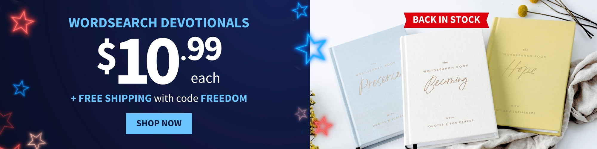 Promotional banner for Wordsearch Devotionals with pricing and free shipping offer. Back in Stock - $10.99 each + Free Shipping with code FREEDOM - Shop Now