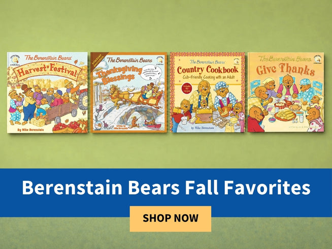 Four children's book covers from Berenstain Bears titles are shown across the top on a green gradient background, with a blue banner at the bottom reading 'Berenstain Bears Fall Favorites' and a yellow 'SHOP NOW' button.