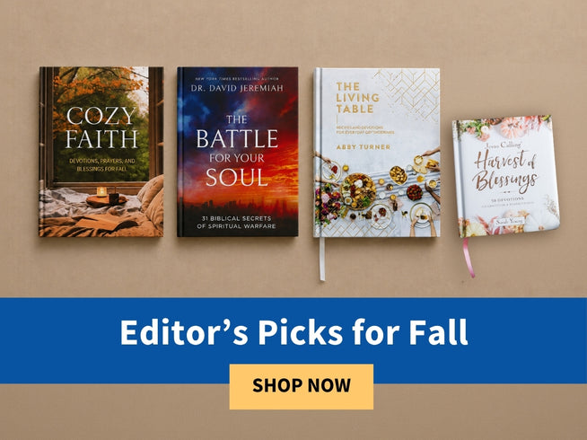 Four books and a small floral notebook are arranged side by side on a tan background above a blue banner that reads 'Editor's Picks for Fall' with a yellow 'SHOP NOW' button.