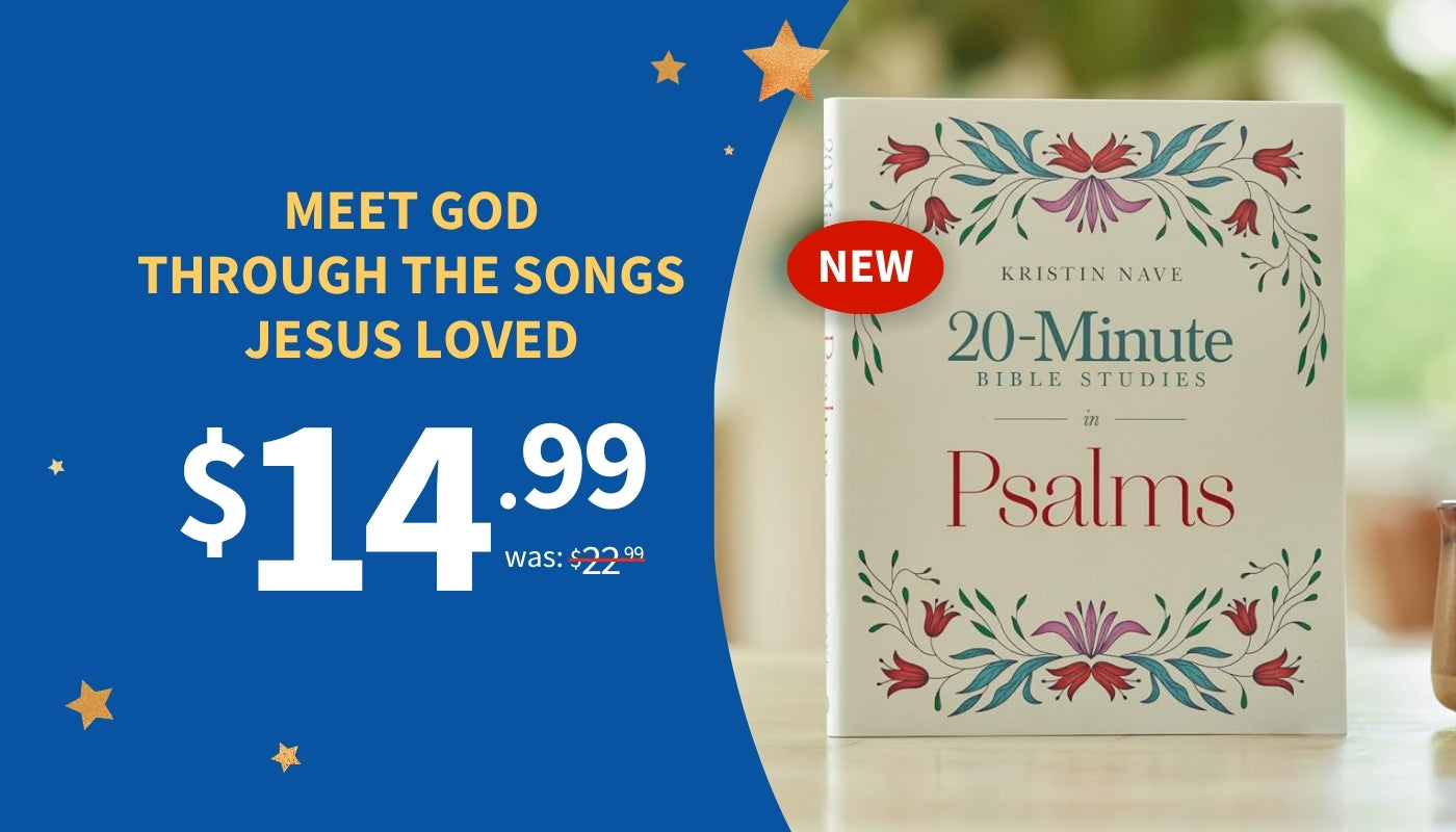 A promotional graphic showing the book cover of 'Jesus Loved: 20-Minute Bible Studies on Psalms' by Kristin Nave. The book cover has a cream background with floral illustrations in red, green, and blue, and a red 'NEW' sticker.