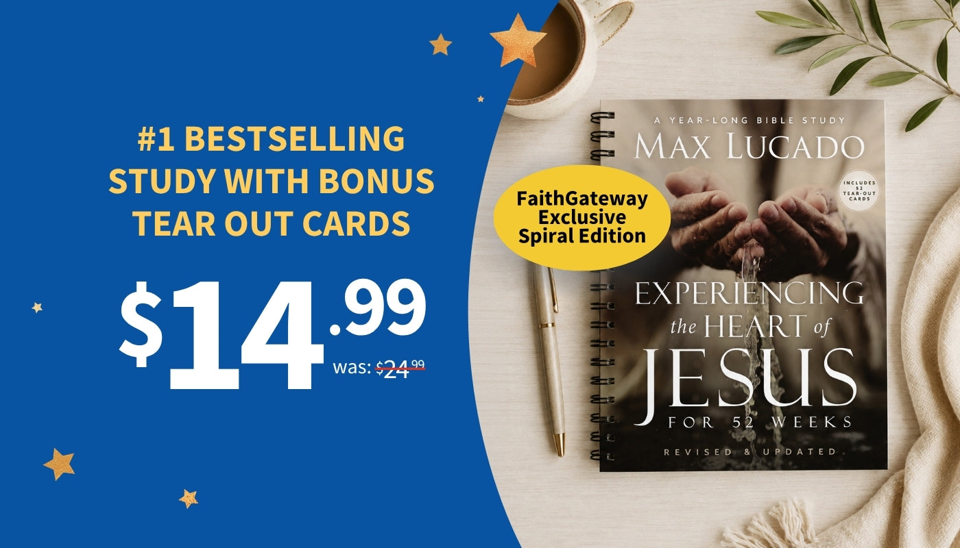 Promotional graphic for a Bible study product showing the spiral-bound book 'Experiencing the Heart of Jesus for 32 Weeks' by Max Lucado, alongside a bonus tear-out card offer. The layout is split between a blue left side with large white and yellow text and a beige right side with the book, a coffee cup, and decorative leaves.