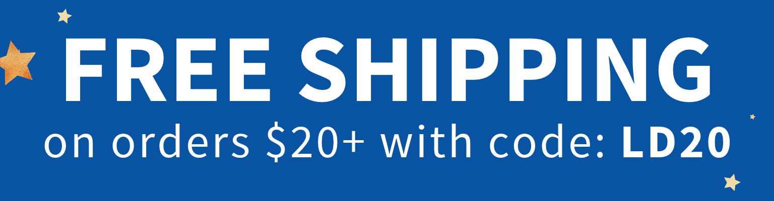 Blue promotional banner with white text reading 'FREE SHIPPING on orders $20+ with code: LD20' and small gold star icons.