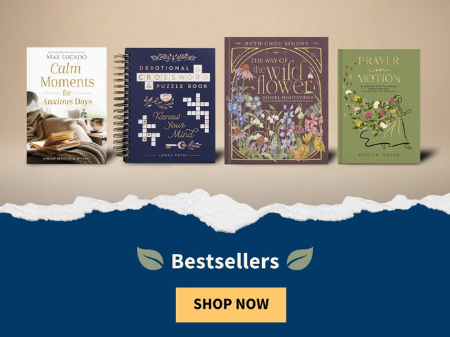 Four book covers are shown across a torn-paper style graphic: 'Calm Moments for Anxious Days' by Max Lucado, a Devotional Puzzle Book, 'The Way of the Wild Flower' by Ruth Chidi Obinna, and 'Prayer for Motion' by Sandra Glover. Below, a blue banner reads 'Bestsellers' with a yellow 'SHOP NOW' button.