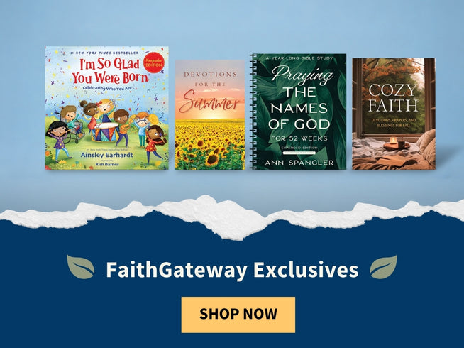 Four book covers are shown across a torn-paper style divider above a blue section with the text 'FaithGateway Exclusives' and a yellow 'SHOP NOW' button. The books appear to be children's and adult faith-themed books, including titles like 'I'm So Glad You Were Born,' 'Devotions for the Summer,' 'Praying the Names of God,' and 'Cozy Faith.