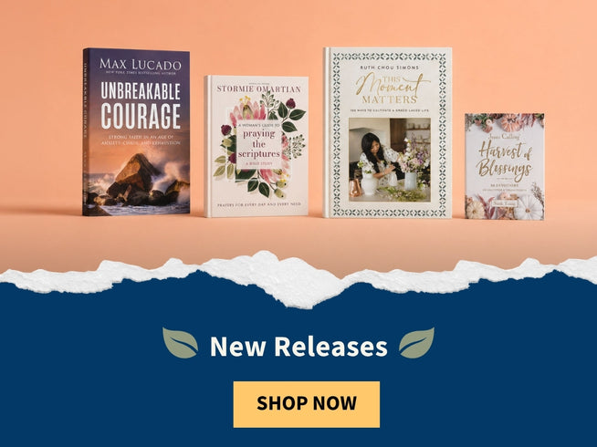 A promotional banner showing four book covers side by side against a peach background, with a torn-paper effect and the text 'New Releases' and 'SHOP NOW' on a dark blue lower section.