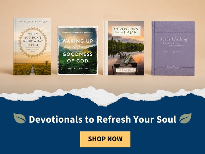 Four devotional books displayed across a torn-paper graphic on a beige background, with a dark blue lower section reading 'Devotionals to Refresh Your Soul' and a yellow 'SHOP NOW' button.