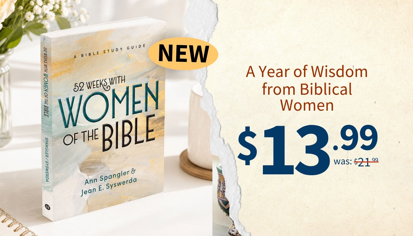 A book cover for '52 Weeks with Women of the Bible' shown beside promotional text reading 'A Year of Wisdom from Biblical Women' and a tear-effect divider with the price '$13.99'.