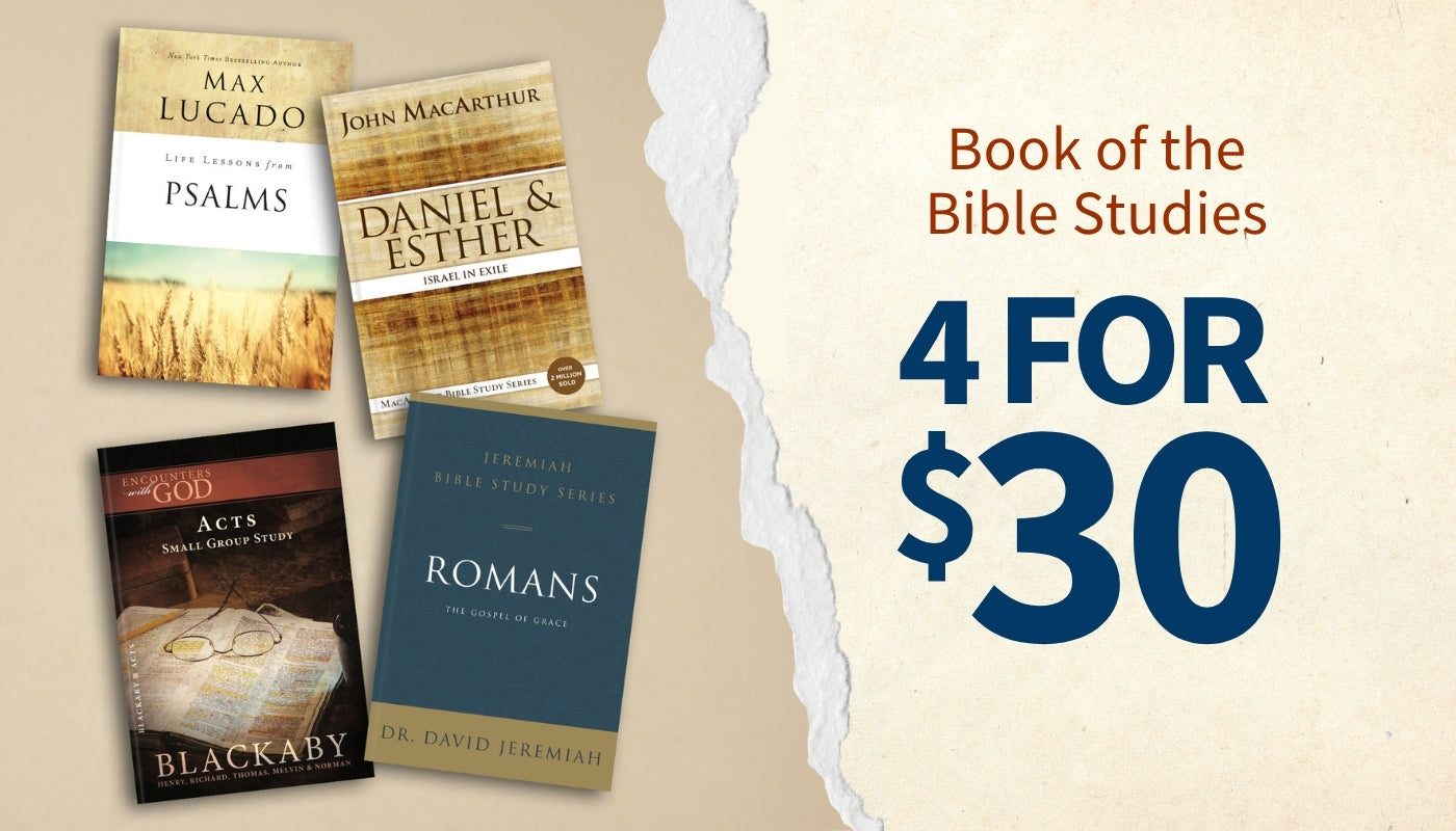 Promotional graphic for a Bible study bundle titled 'Book of the Bible Studies' offering 4 books for $30. Four book covers are shown on the left: Psalms by Max Lucado, Daniel & Esther by John MacArthur, Acts by Blackaby, and Romans by David Jeremiah, alongside large text on the right.