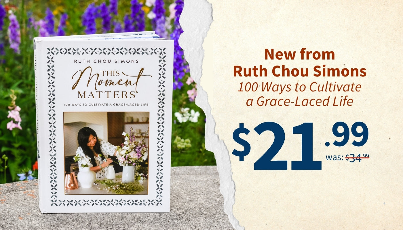 Book cover for 'This Moment Matters' by Ruth Chou Simons shown on the left, with a torn-paper effect revealing a cream background with promotional text on the right.