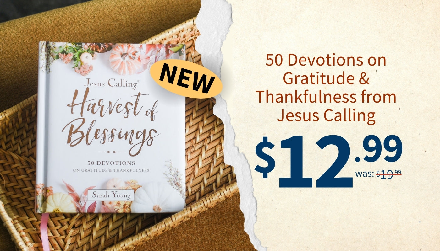 A promotional product image for the book 'Harvest of Blessings' by Sarah Young. The book, featuring a white cover with floral accents and gold lettering, is displayed inside a woven wicker basket.