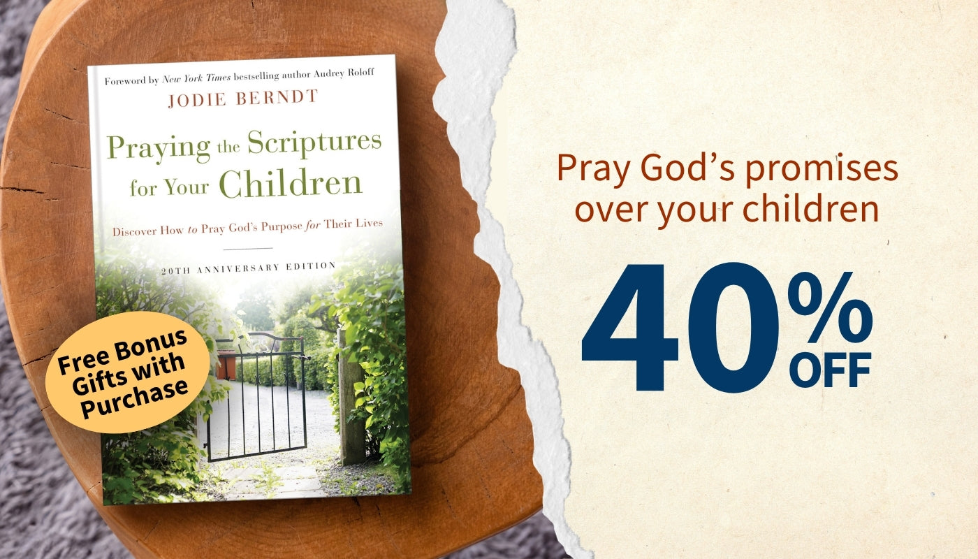 Book cover for 'Praying the Scriptures for Your Children' by Jodie Berndt, shown on a torn-paper style graphic with promotional text reading 'Pray God's promises over your children 40% OFF' and a 'Free Bonus Gifts with Purchase' badge.
